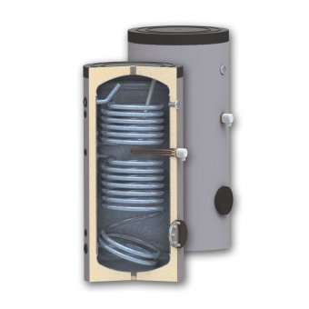 Boiler 150 litri cu 2 serpentine SUNSYSTEM SON 150, pentru centrala termica si solar, montaj pe sol, izolatie termica, manta de protectie , flansa de vizitare