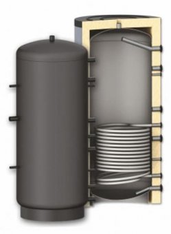 Rezervor de acumulare puffer pentru agent termic cu o serpentina Sunsystem PR 500L, cu izolatie, presiune lucru 3 bar