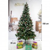 Brad artificial de Craciun nins, decorat cu conuri pin rosii, inaltime 180 cm